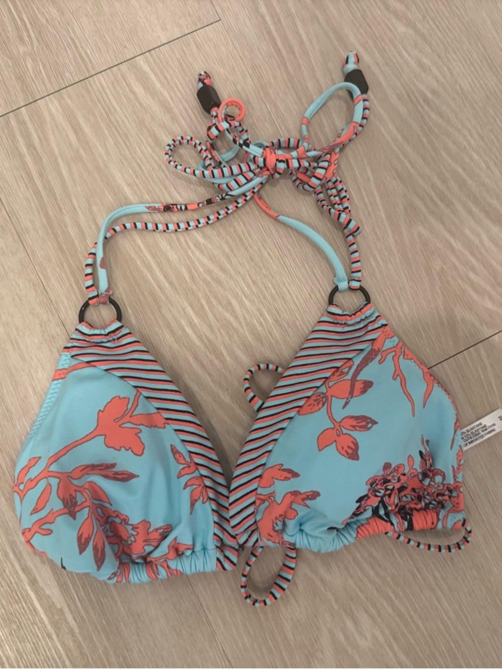 Nanette Lepore Coral Floral & Aqua Stripe Triangle Bikini Top